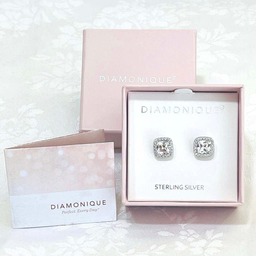 Diamonique Cushion Cut Halo Stud Earrings Sterling Silver Clear Cubic Zirconia